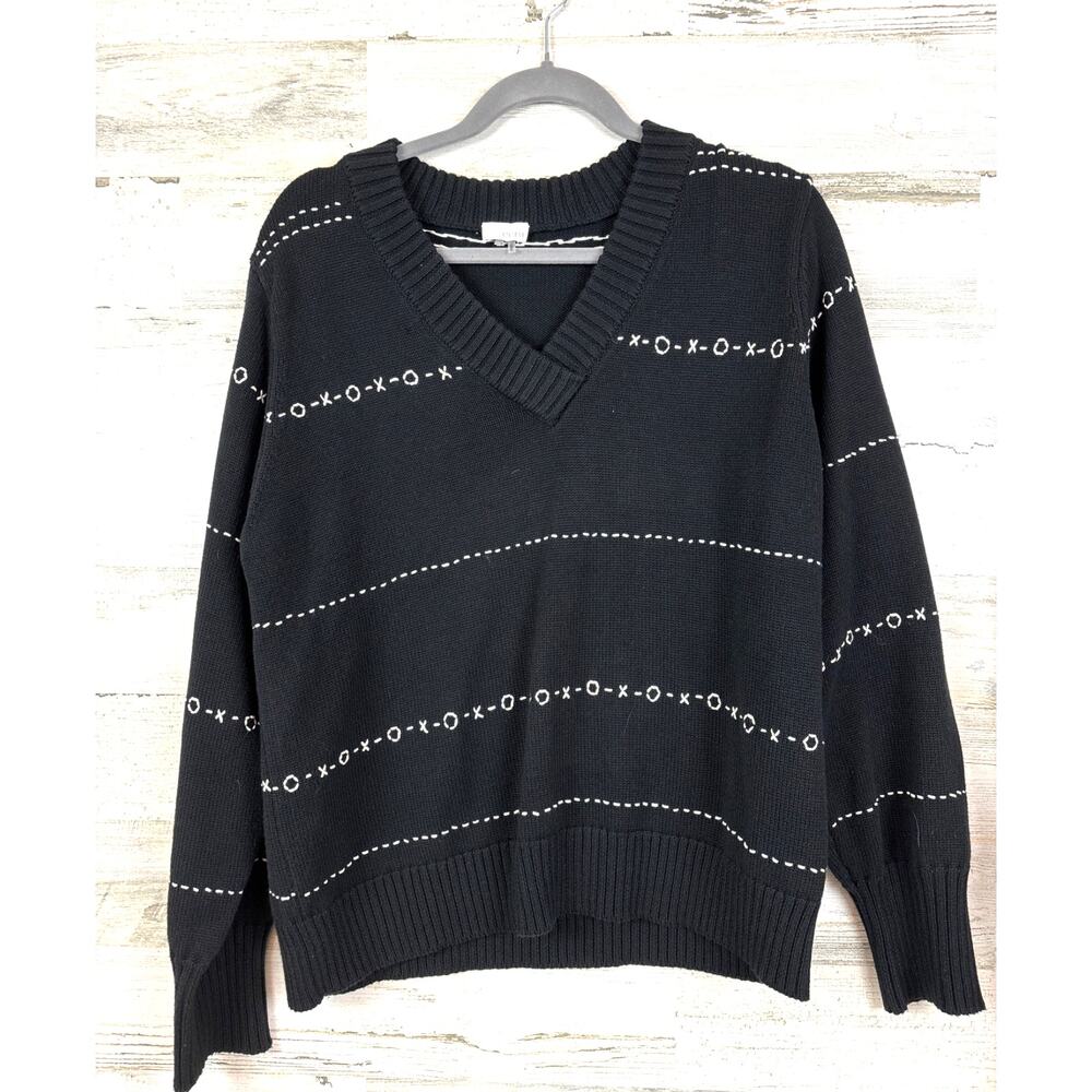 ECRU Womens L Black White XO Stitch Knit V Neck Pullover Cozy Casual Sweater NEW
